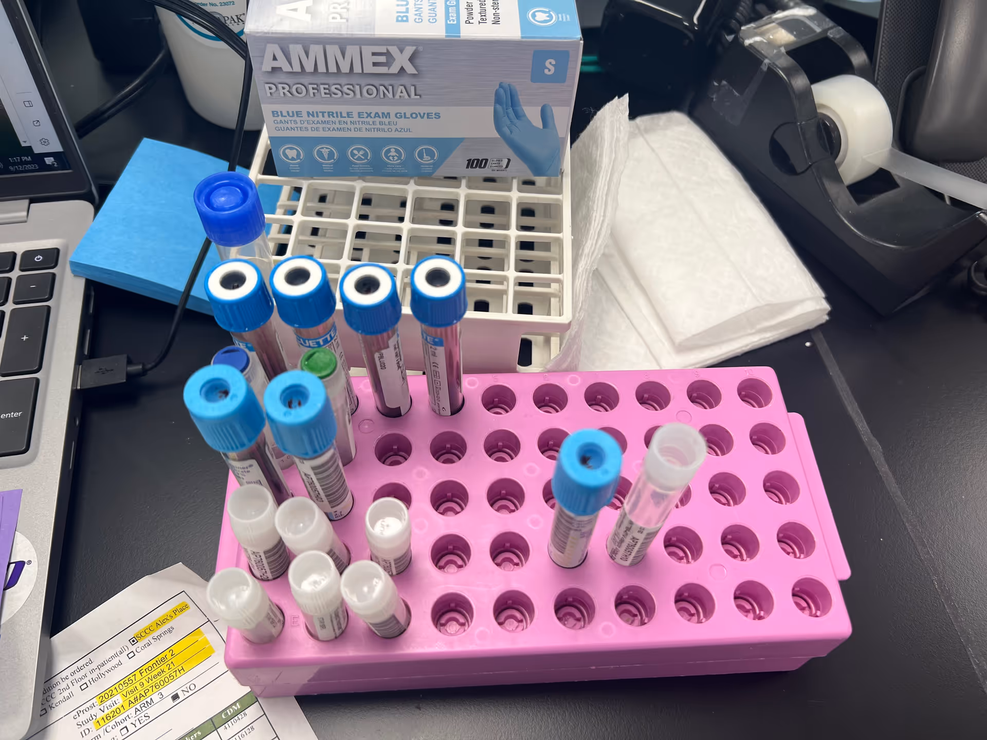 Phlebotomy station with blue-cap test tubes, gloves, and lab accessories.