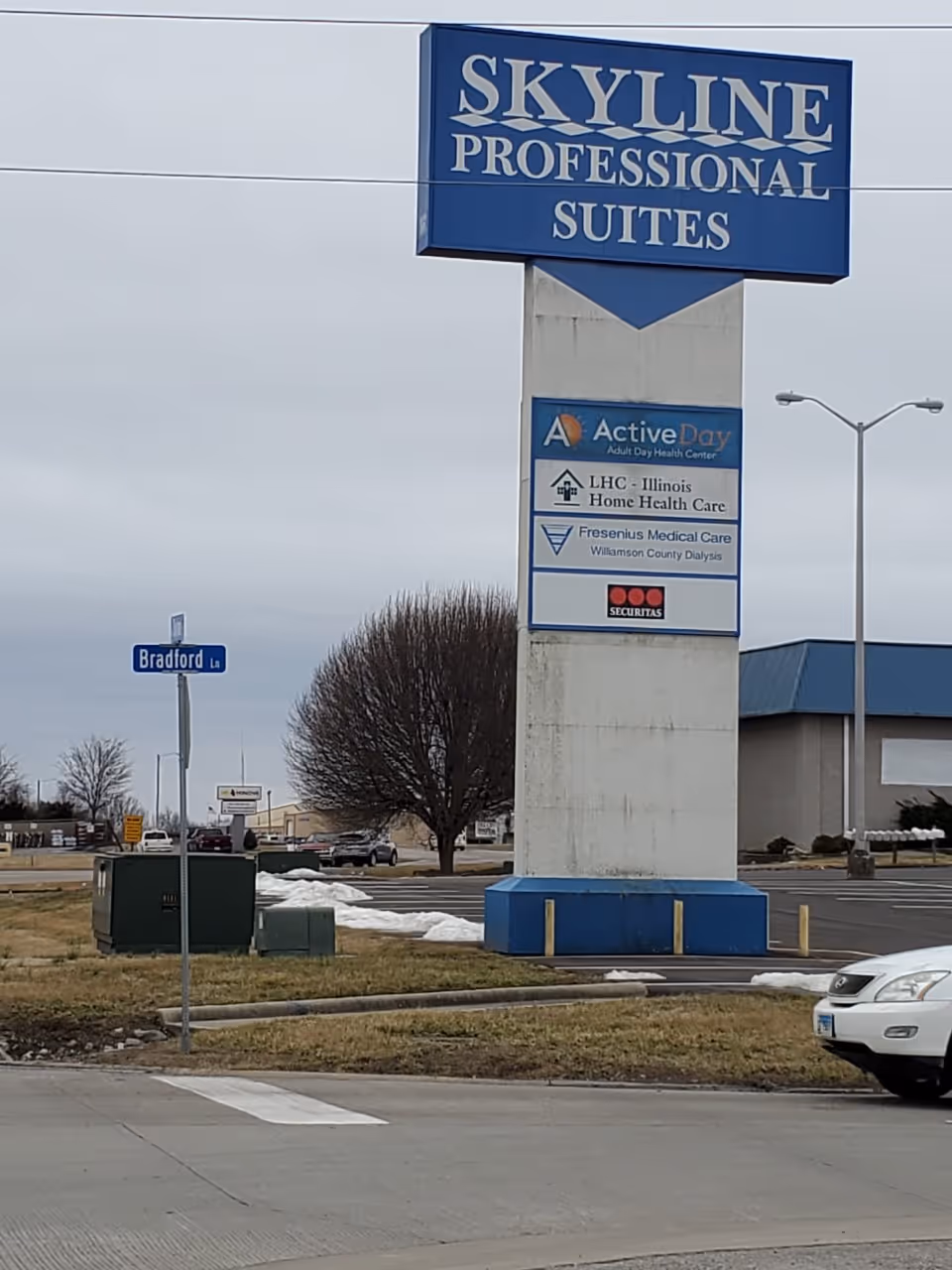 Tall outdoor sign for Skyline Professional Suites listing LHC Illinois Home Health Care