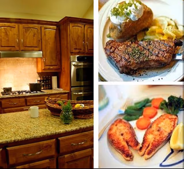 Interior view of a warm wooden kitchen with granite counters and appliances.