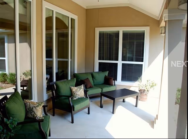 Covered outdoor seating area with green cushioned chairs, a black coffee table, and windows.