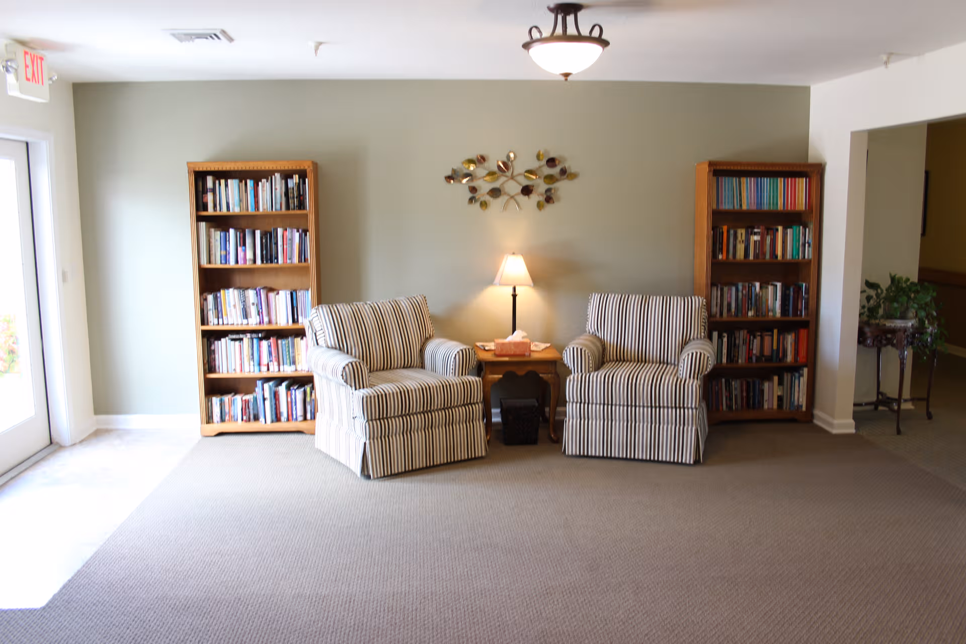 Two striped armchairs with a table lamp between, flanked by bookshelves in a cozy living room.