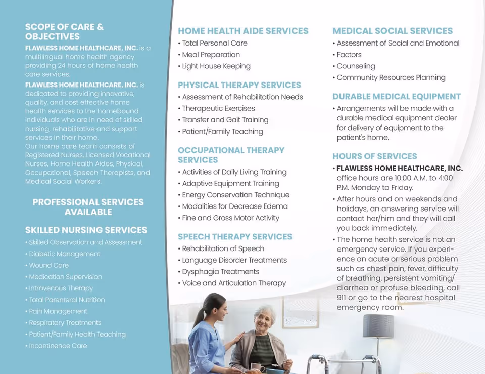Interior brochure page with text panels and a caregiver assisting an elderly patient.
