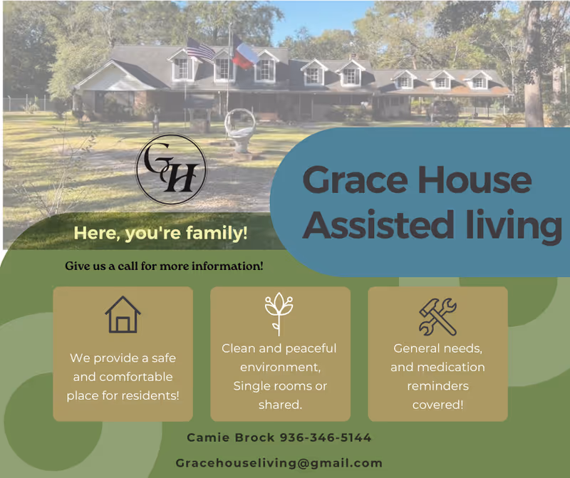 Exterior view of Grace House Assisted Living with a blue promotional overlay.