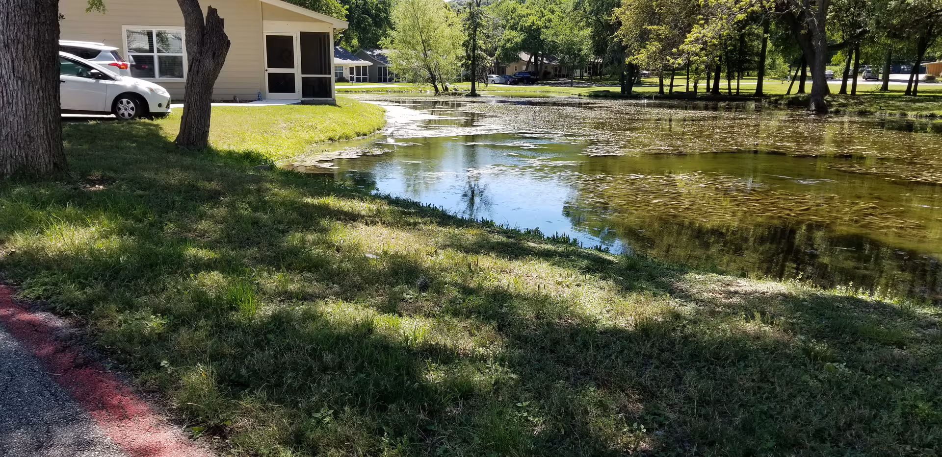 Exterior view of The Lodge at Leon Springs by a pond.