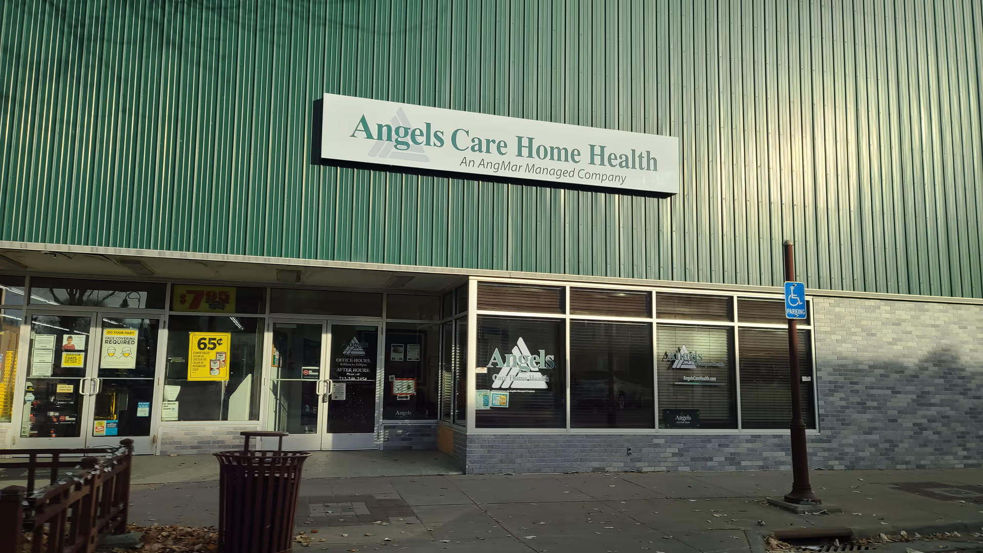 Front exterior of Angels Care Home Health storefront with entrance and handicap sign.