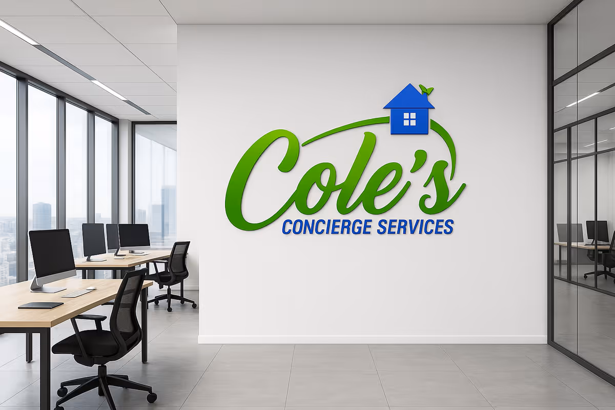 Modern office lobby with Cole's Concierge Services logo on a white wall.