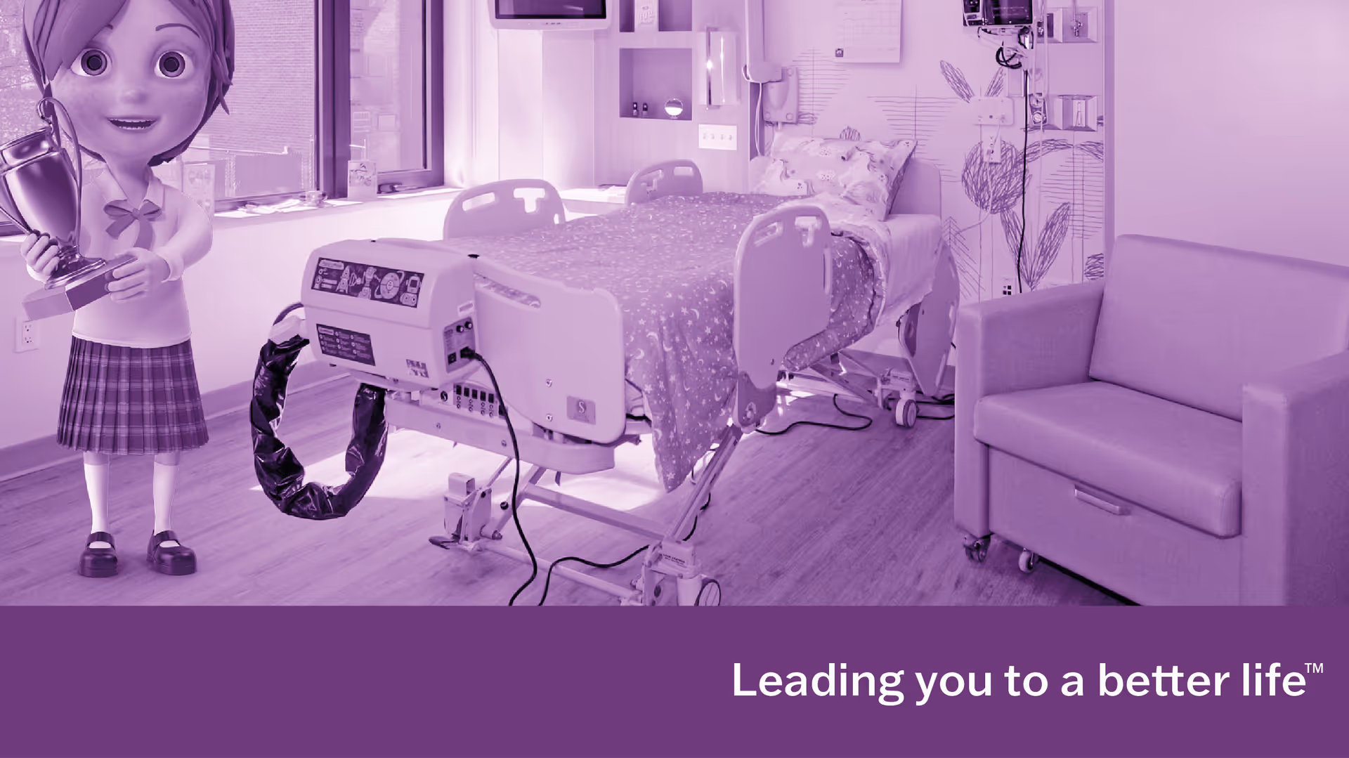 A hospital-style patient room with a bed, medical equipment, a couch, and a purple cartoon figure.