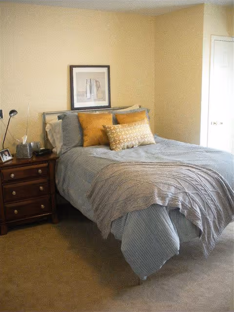 A bedroom with a neatly made bed featuring gray bedding and three decorative pillows in shades of gold and beige. Next to the bed is a wooden nightstand with three drawers, a lamp, a tissue box, and a framed photo. A framed abstract artwork hangs on the beige wall above the bed. A closed white door is visible in the background.