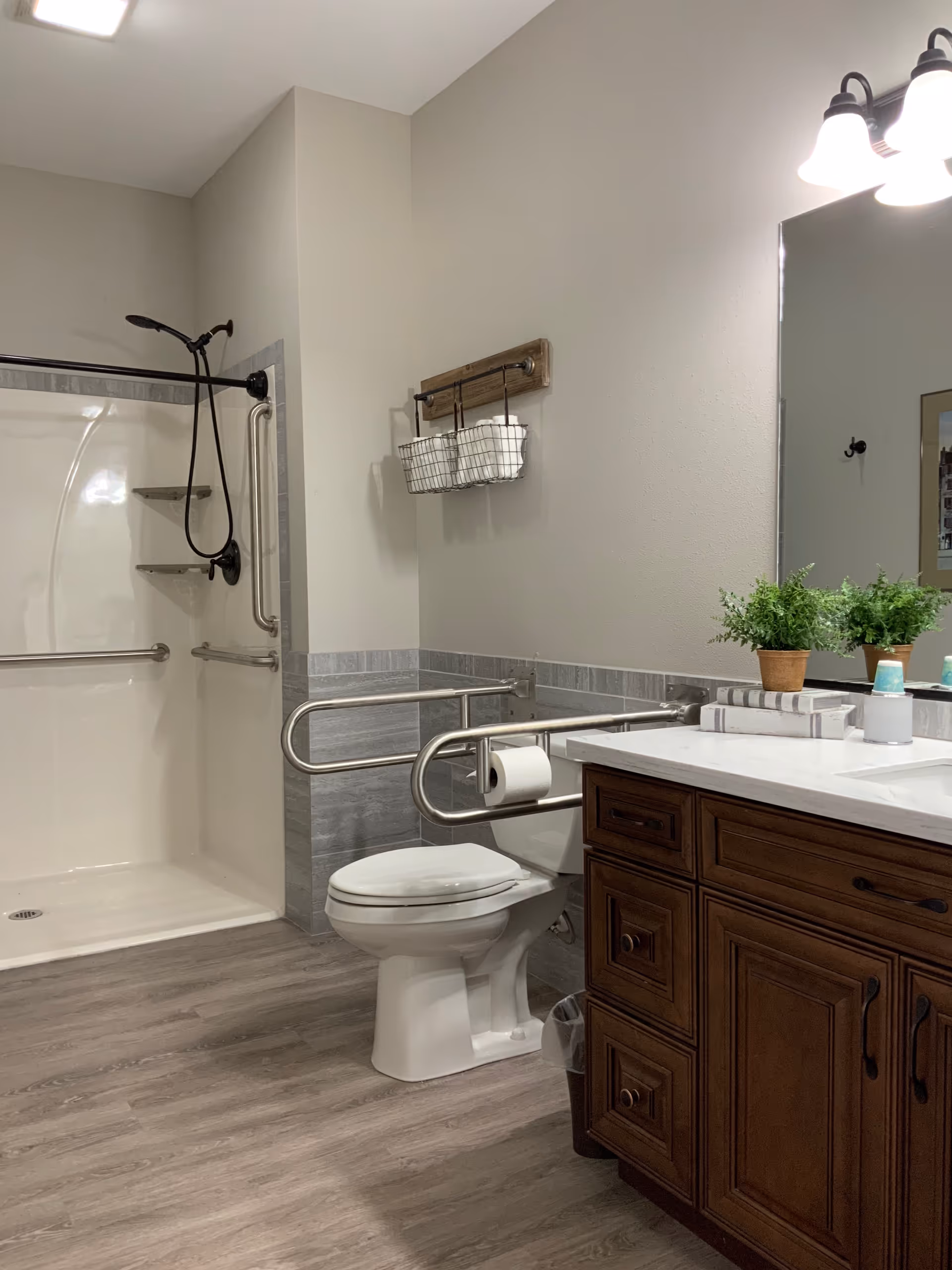 Accessible bathroom with walk-in shower, toilet, and wooden vanity.