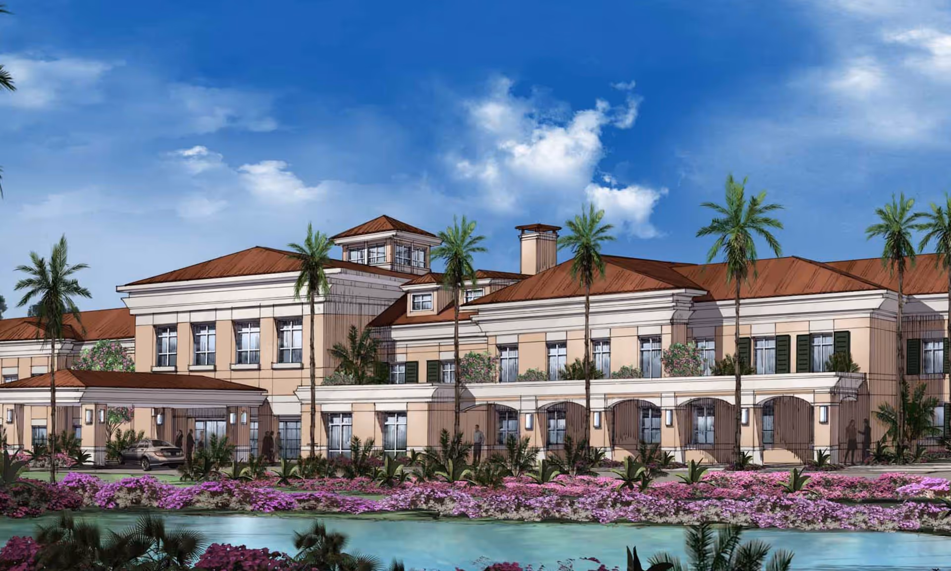 Exterior view of a large senior living facility building with beige walls and red roofs, surrounded by palm trees and colorful flower beds under a partly cloudy blue sky.