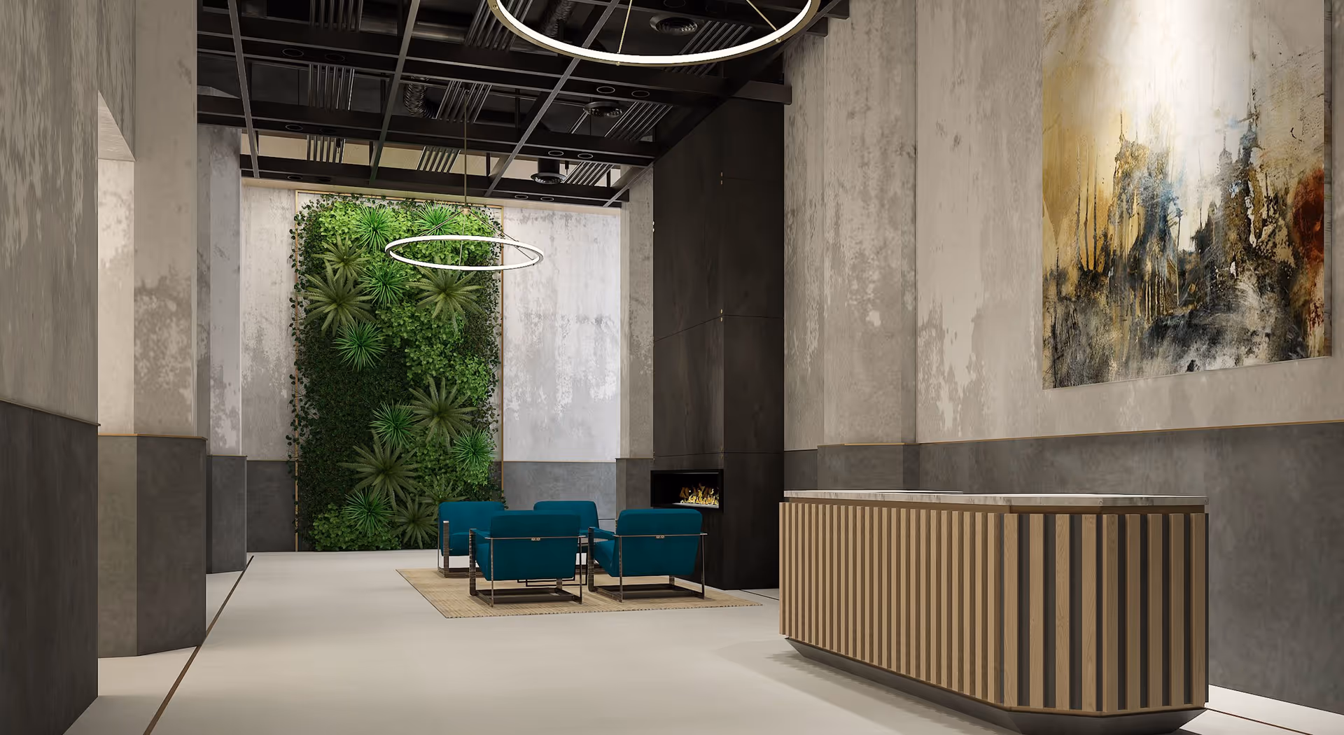 Modern interior lobby featuring teal seating, a vertical garden, and a wooden reception desk.