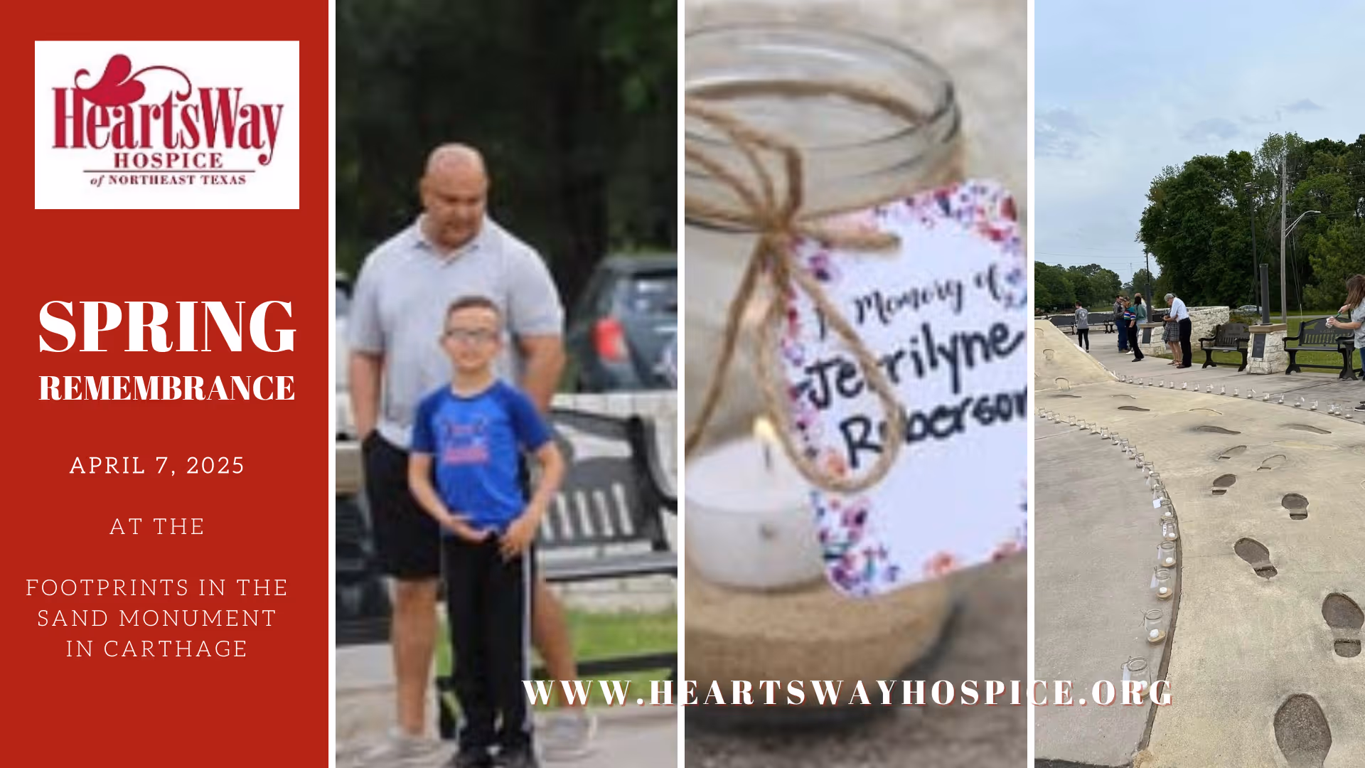 HeartsWay Hospice Spring Remembrance collage with logo, a man and boy, and outdoor memorial path.