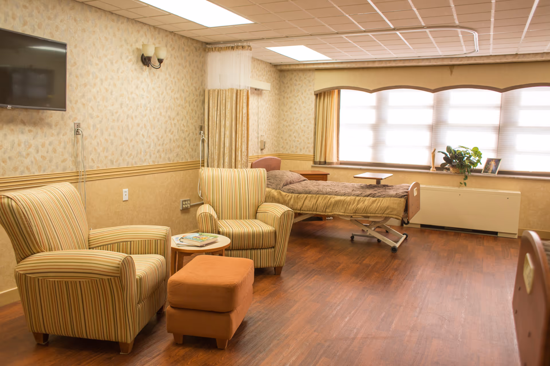 Cozy patient room with a bed, striped chairs, small table, plant, and large window.