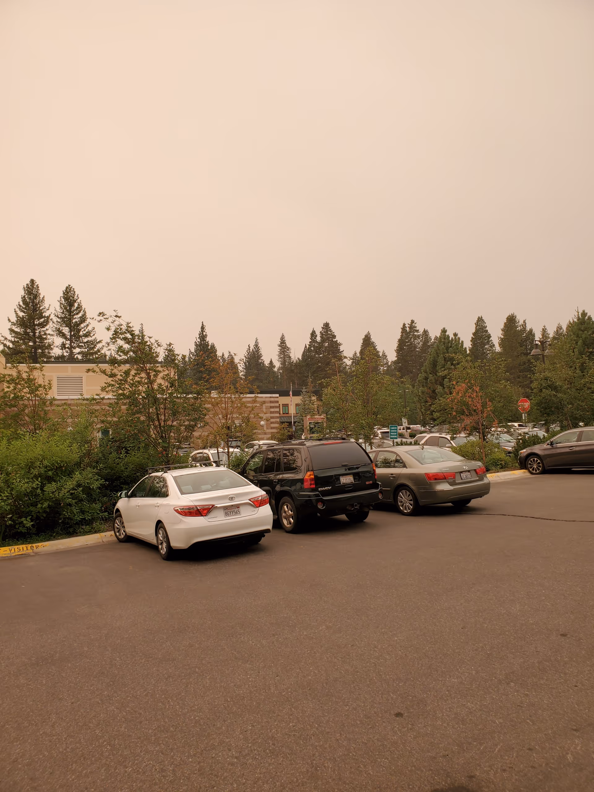 Parking lot with several cars in front of Tahoe Forest Hospital and surrounding trees.