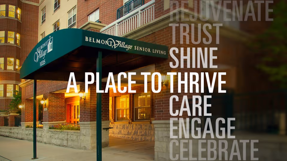 Entrance canopy and brick facade of Belmont Village Senior Living with a green awning and promotional overlay text.
