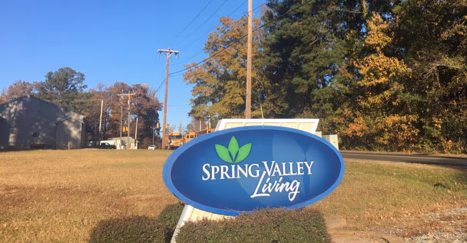A large blue oval Spring Valley Living sign sits on grass beside a road.