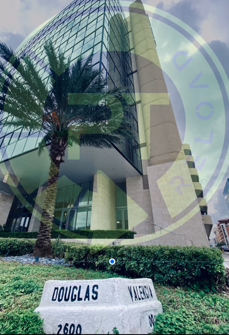 Front view of a modern glass building with a palm tree in the foreground.