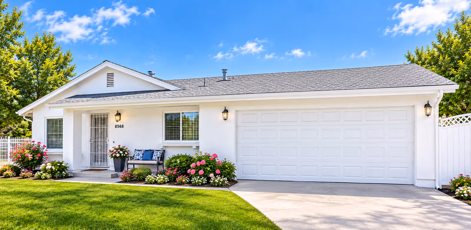 White single-story house with a two-car garage, front lawn, and flower beds.
