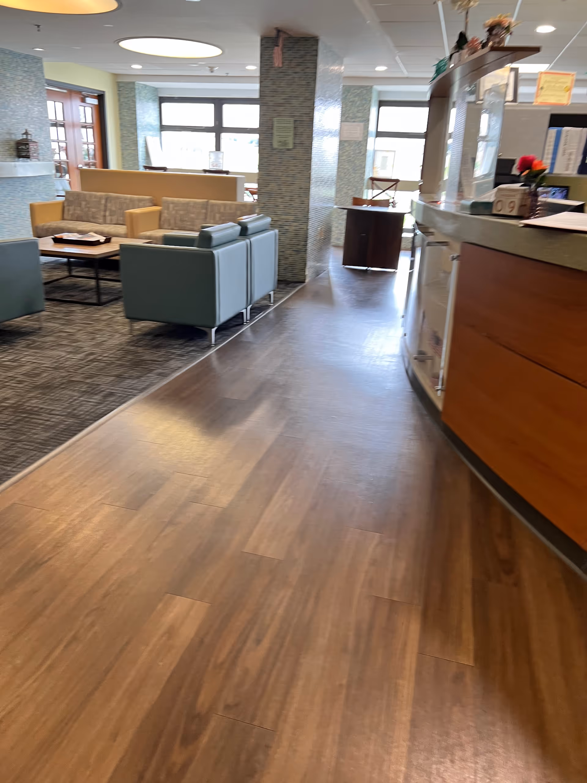 Harbor Grace Hospice lobby with modern seating, a curved reception desk, and large windows.