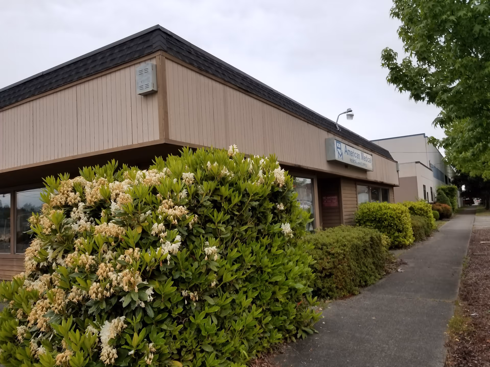 Front view of a single-story American Medical Rental and Supply facility with hedges and walkway