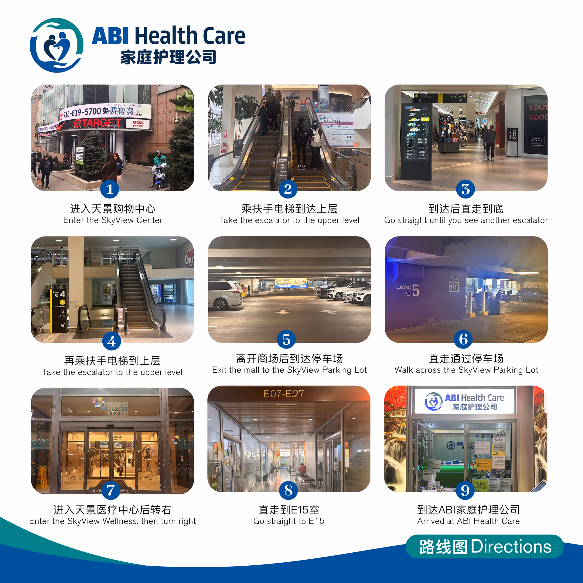 ABI Health Care directions collage showing mall entry, escalators, and interior routes.