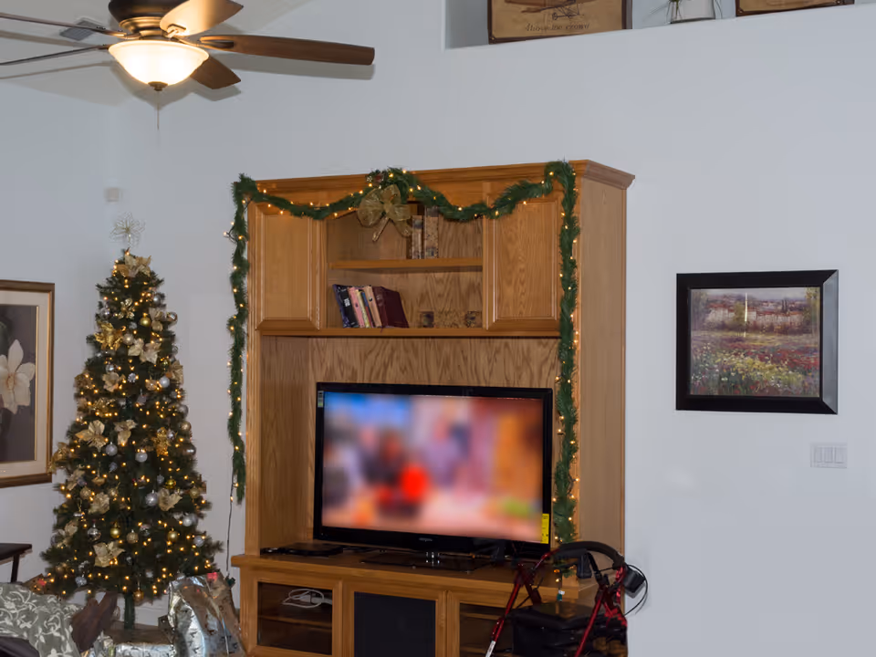 Living room with a wooden TV entertainment center draped in garland, a decorated Christmas tree, ceiling fan, framed art, and a red mobility walker.