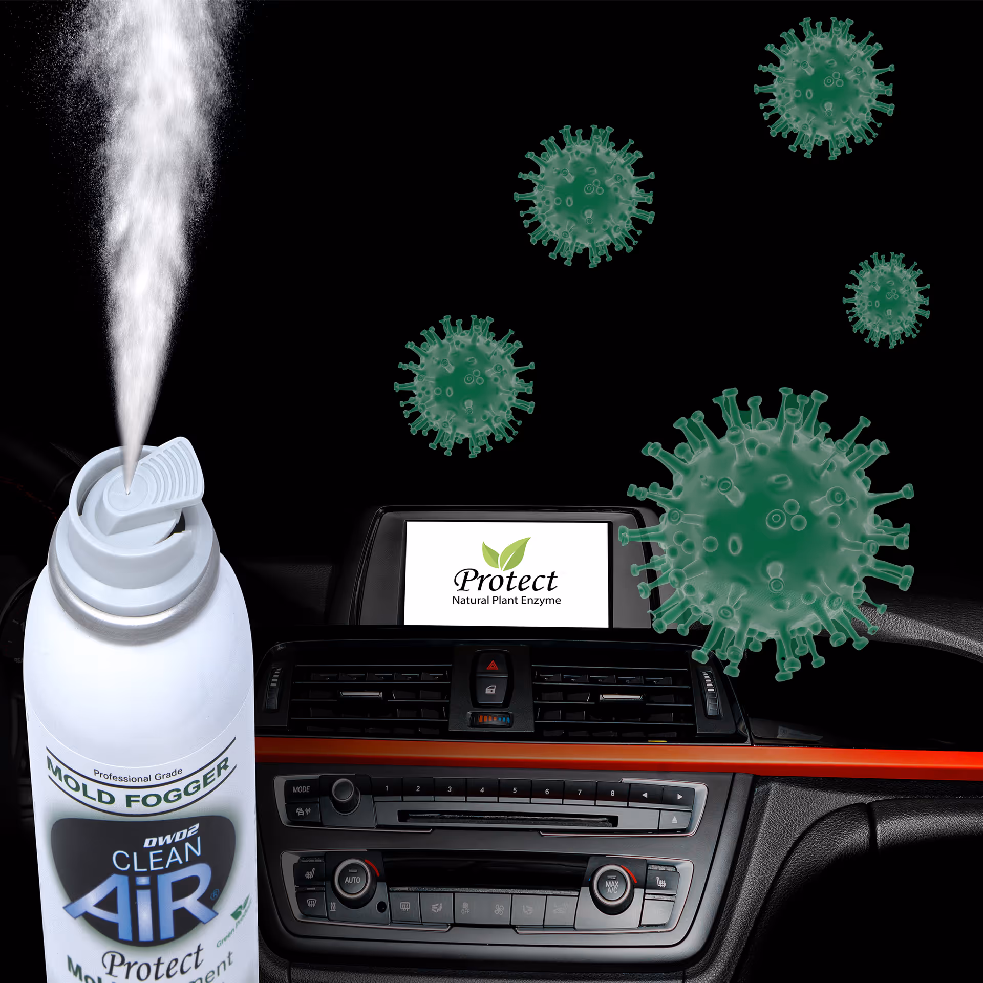 Car dashboard interior with a spray bottle labeled Mold Fogger and green virus graphics.