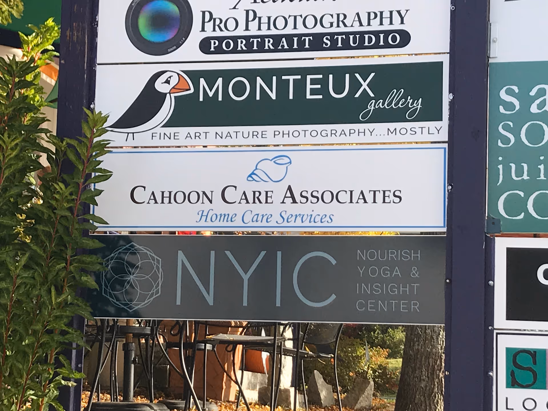 An outdoor signboard cluster shows Cahoon Care Associates among storefront signs.