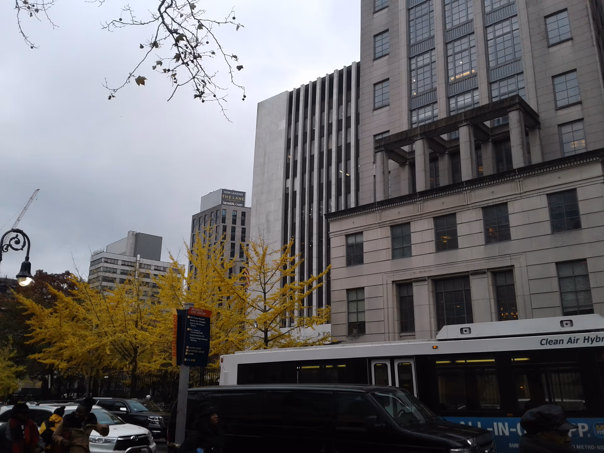 Urban street scene with tall office buildings, a white bus, and yellow-leaved trees.
