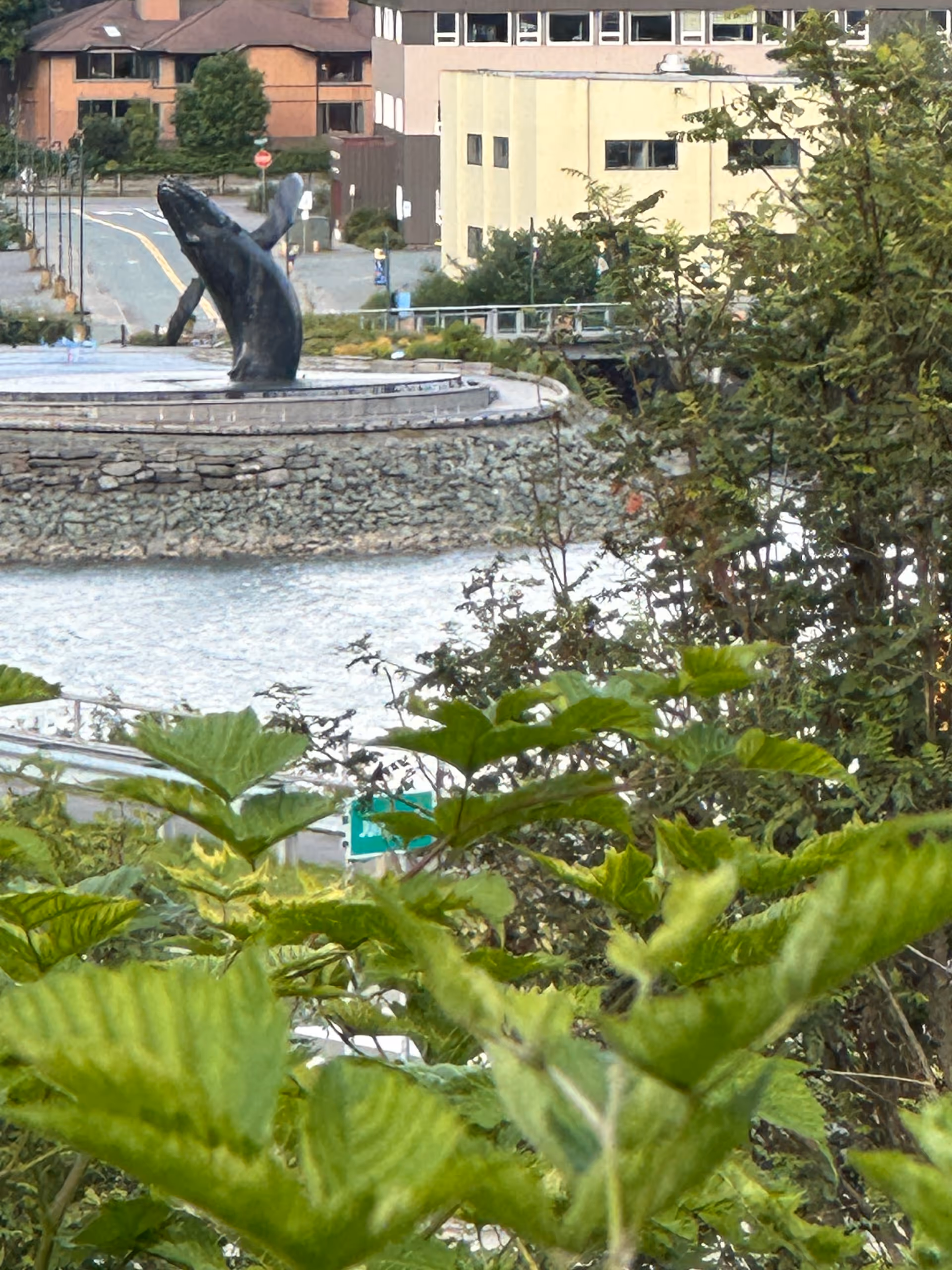 Exterior view of a waterfront campus with a circular stone platform and sculpture.