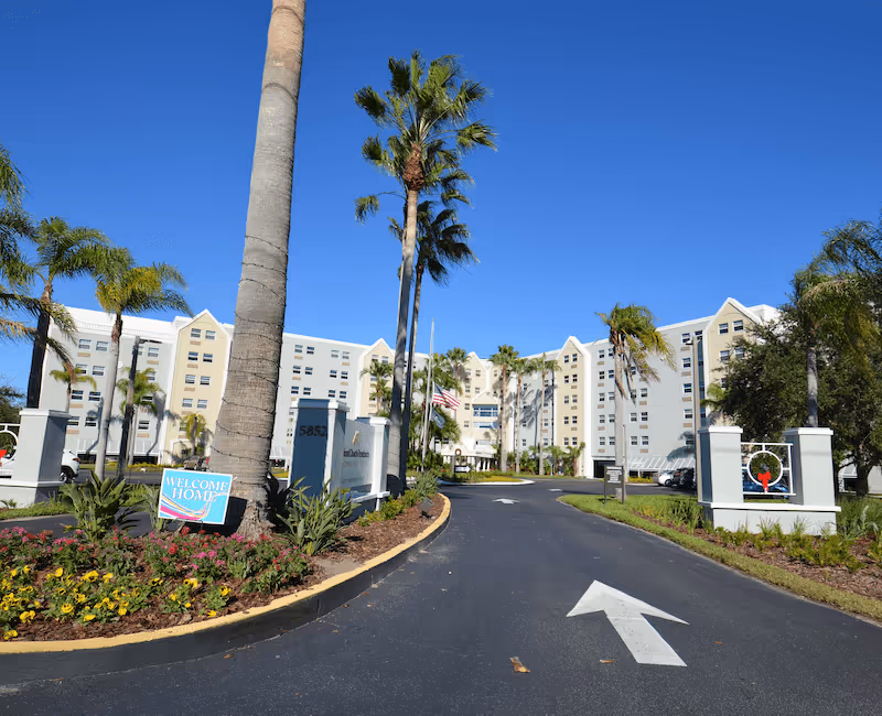 Entrance driveway and landscaped front of a multi-story senior living building with palm trees under a clear blue sky.