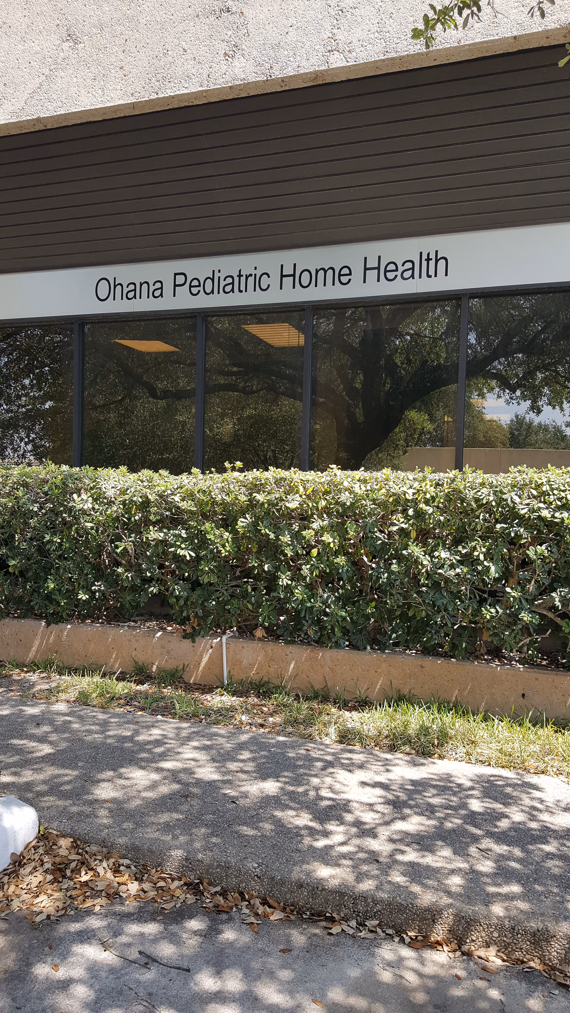 Exterior of Ohana Pediatric Home Health building with sign and shrubs.