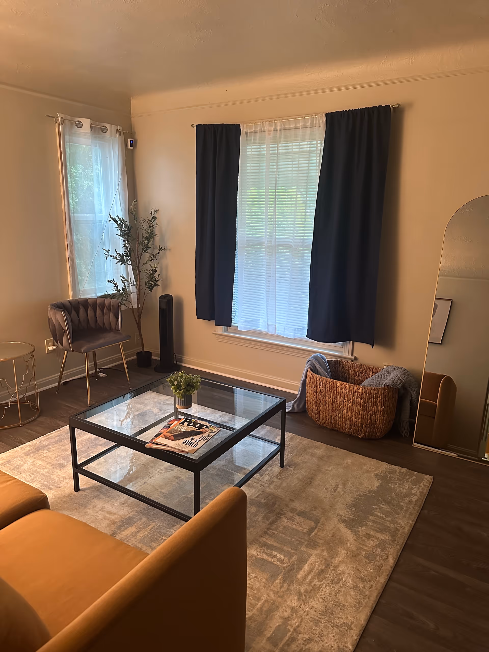 Cozy living room with glass coffee table, tan seating, plants, rug, magazine, and large windows.