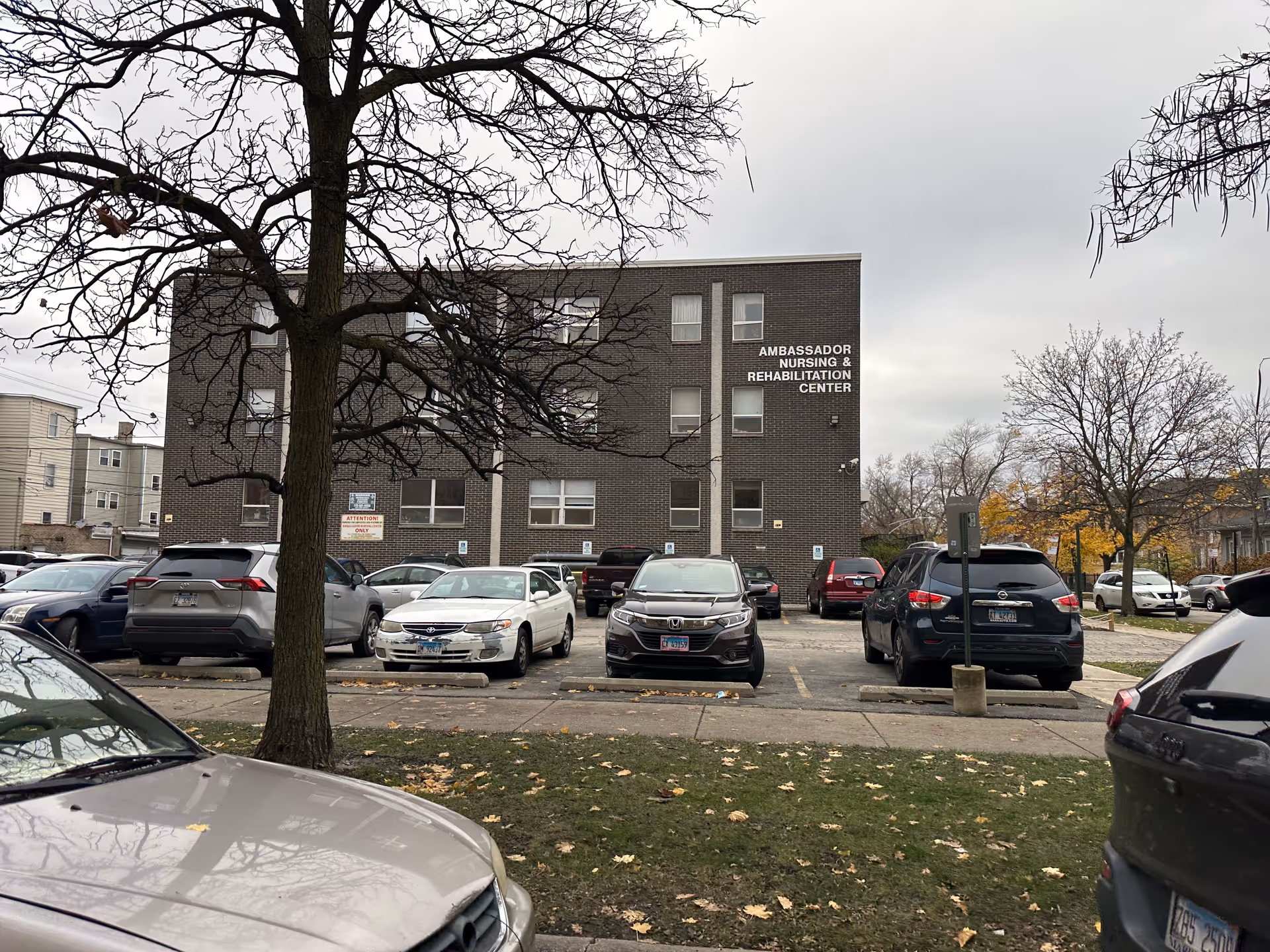 Front view of a three-story brick nursing and rehabilitation center with parked cars and a tree in the foreground.