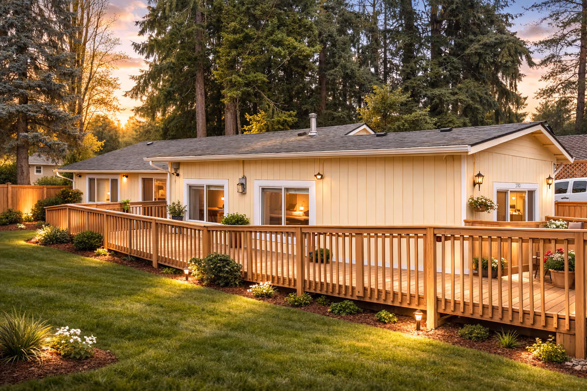 Single-story beige senior living facility exterior with a wooden deck, manicured lawn, and trees.