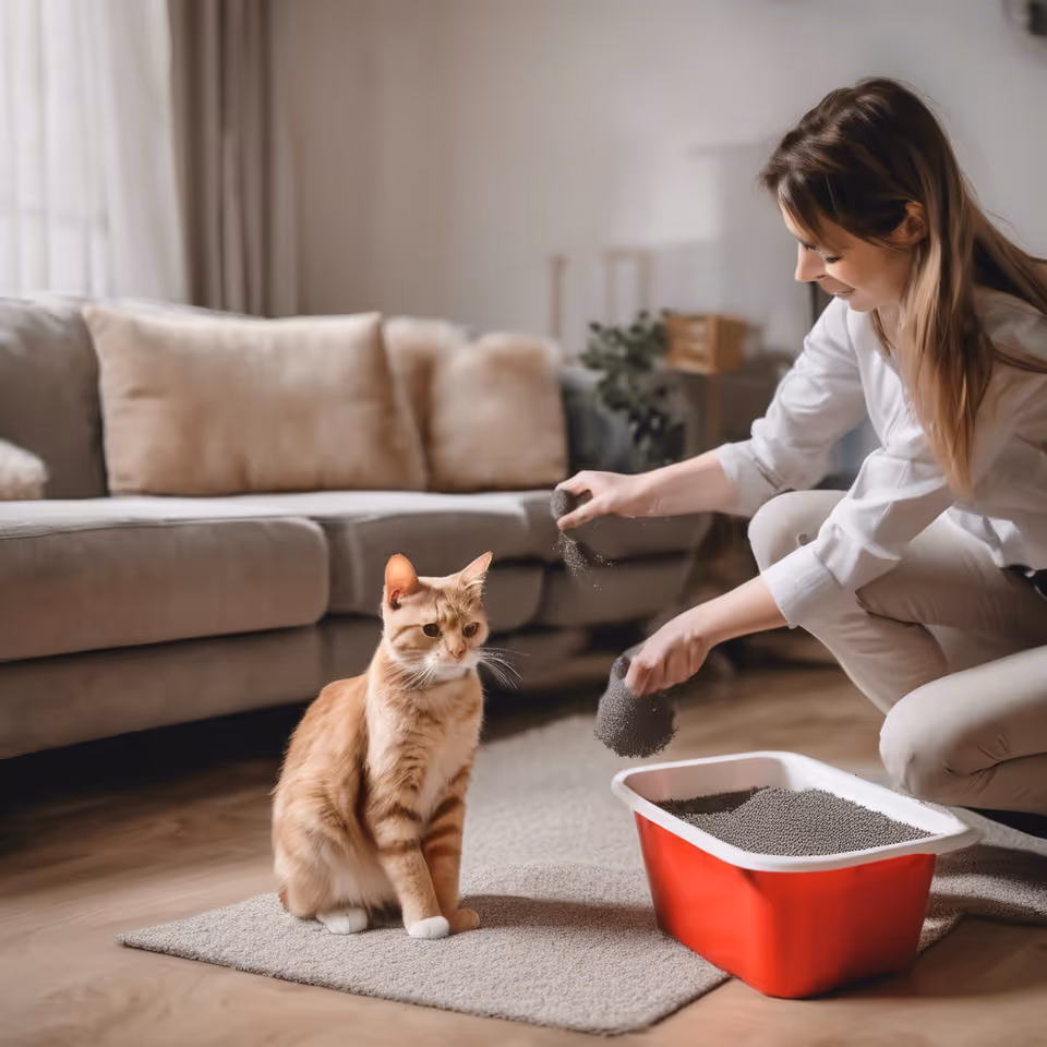 A woman kneels beside a cat in a cozy living room near a red litter box.