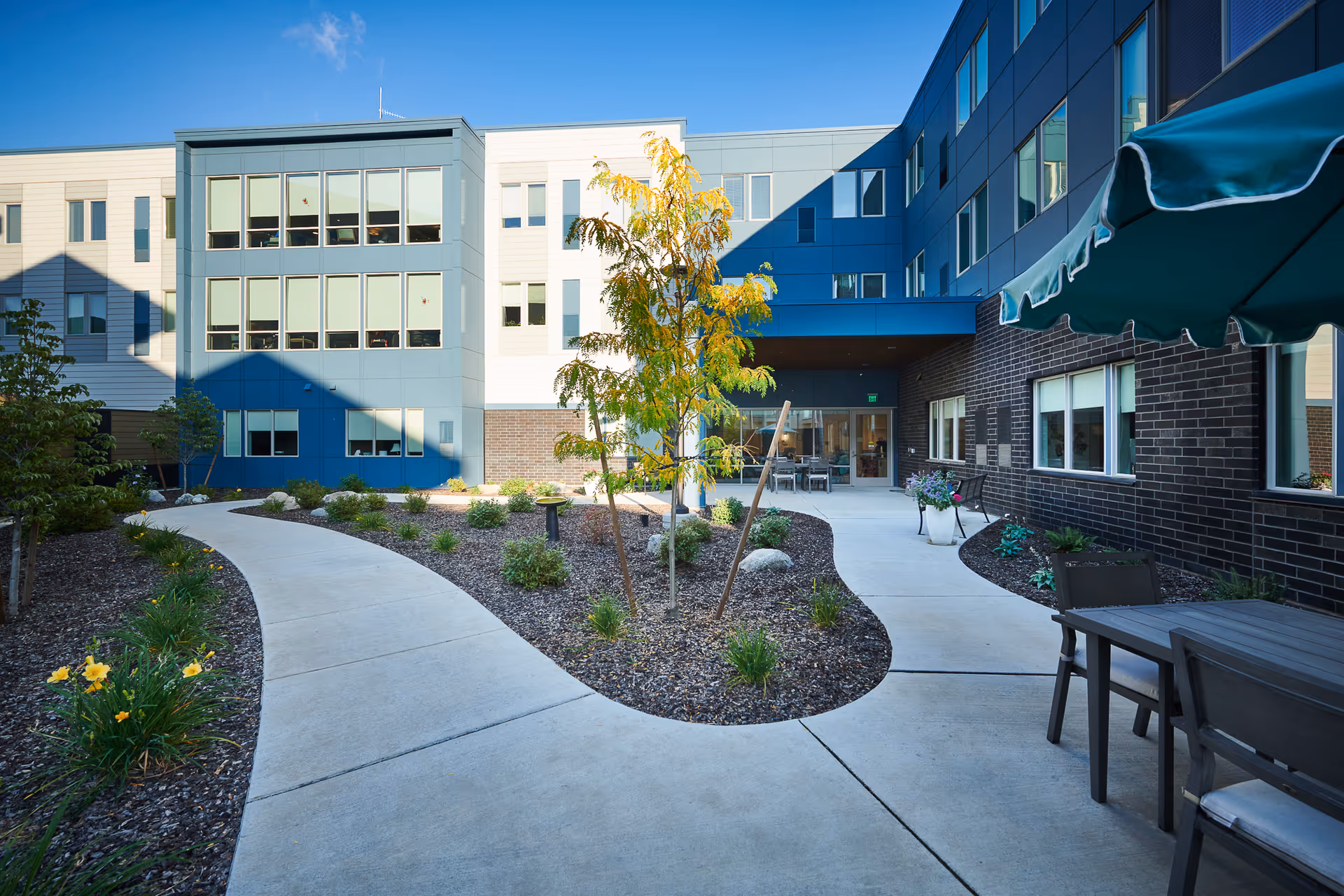 Modern senior living courtyard with winding path, trees, landscaping, and outdoor seating near the building.