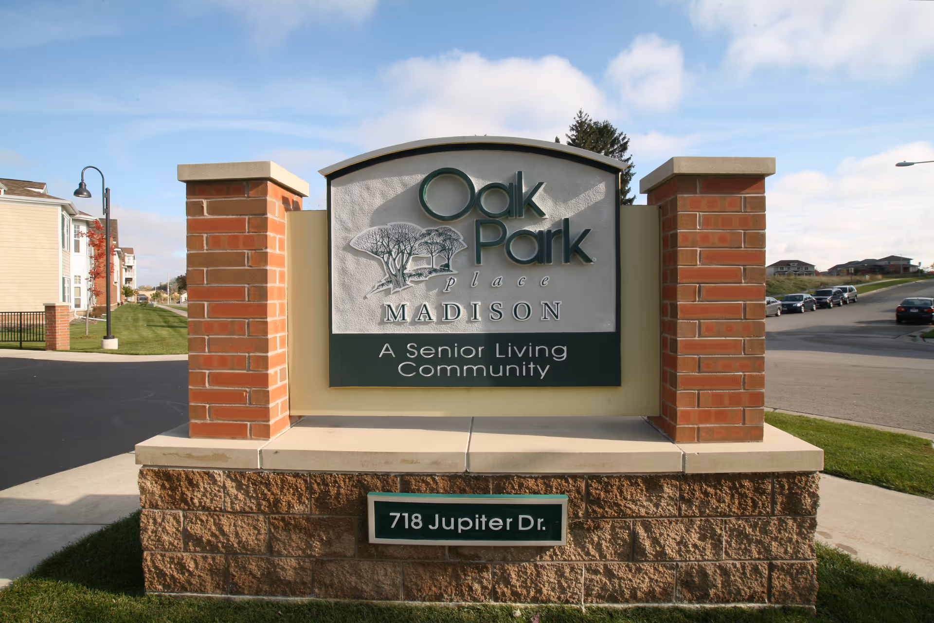 Stone and brick sign for Oak Park Place Senior Living, 718 Jupiter Dr.
