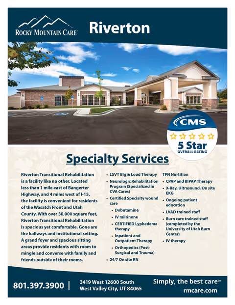 The Rocky Mountain Care Riverton building exterior with parking and curved front entrance.