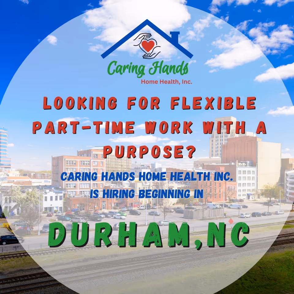 Exterior cityscape featuring Caring Hands Home Health logo and hiring message.