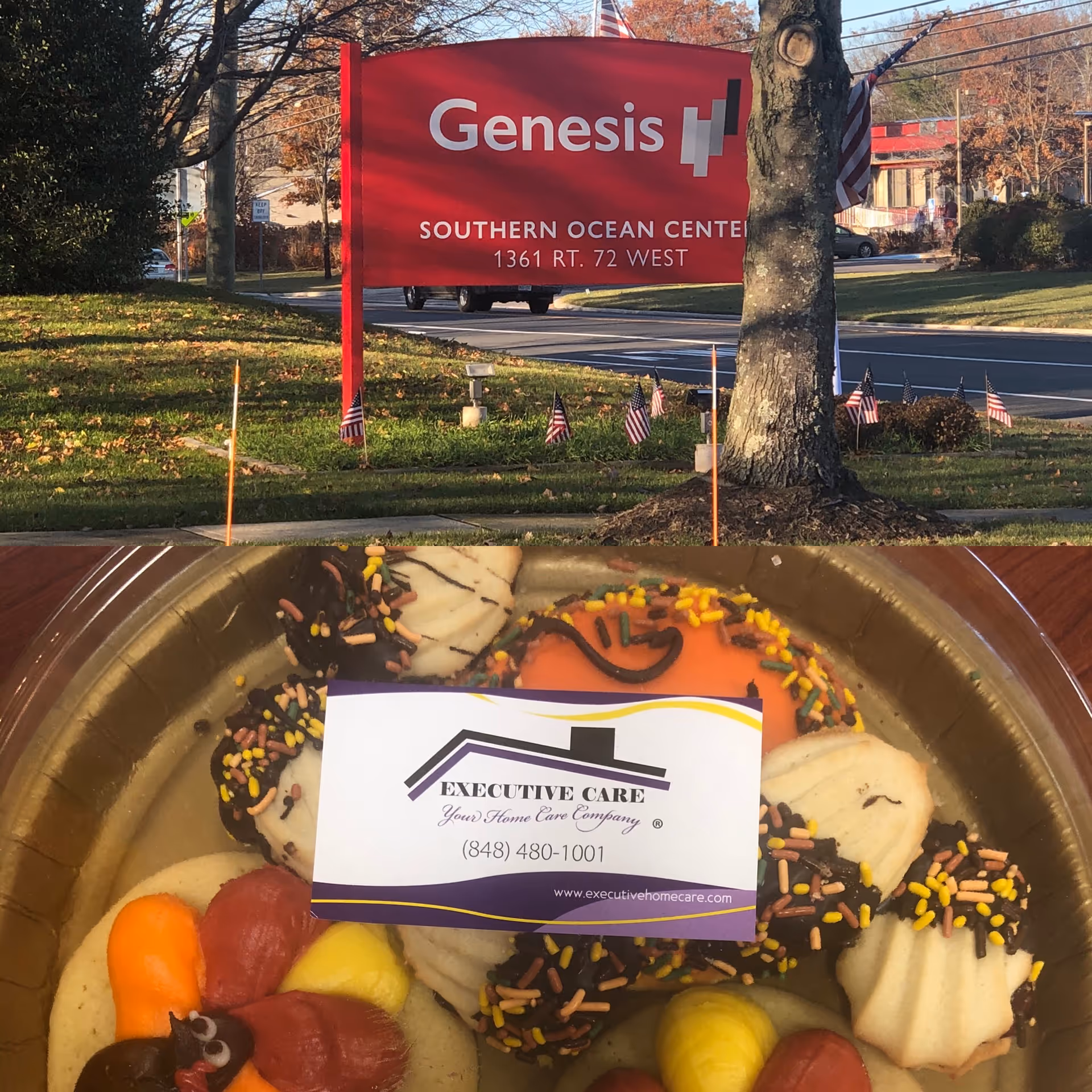 Outdoor scene with large red Genesis sign and a donut plate featuring an Executive Care card.