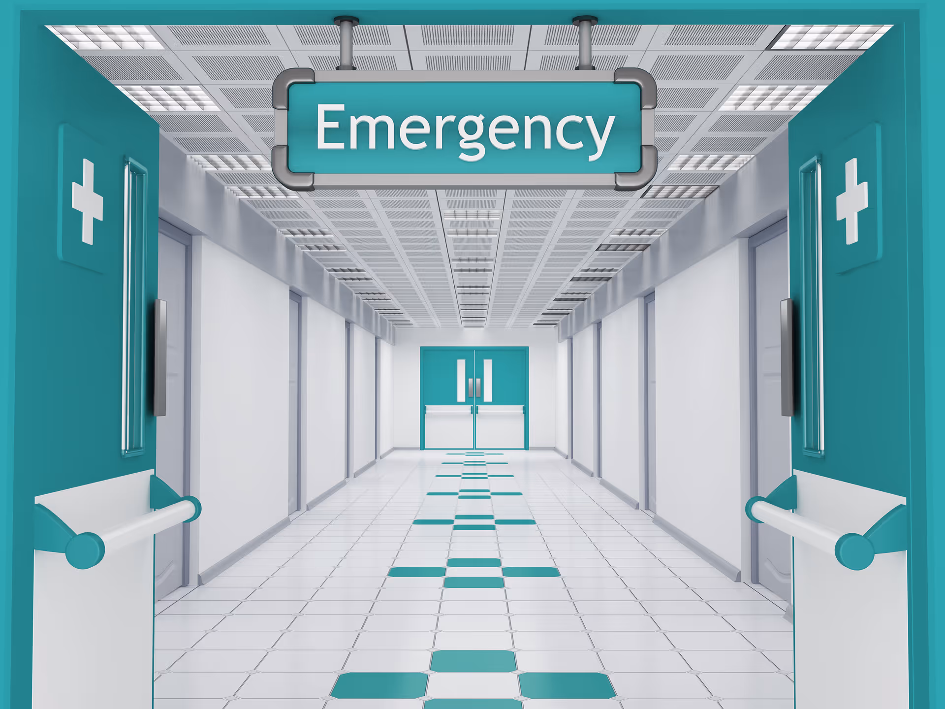 Teal-accented hospital corridor with an emergency sign at the far end