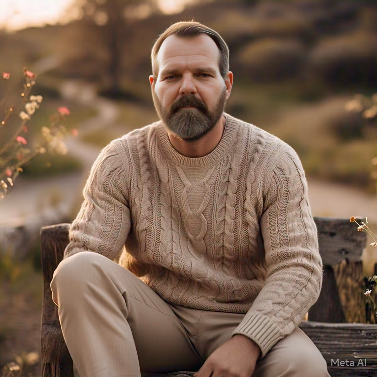 Bearded man in beige sweater sits on outdoor bench with blurred natural background.
