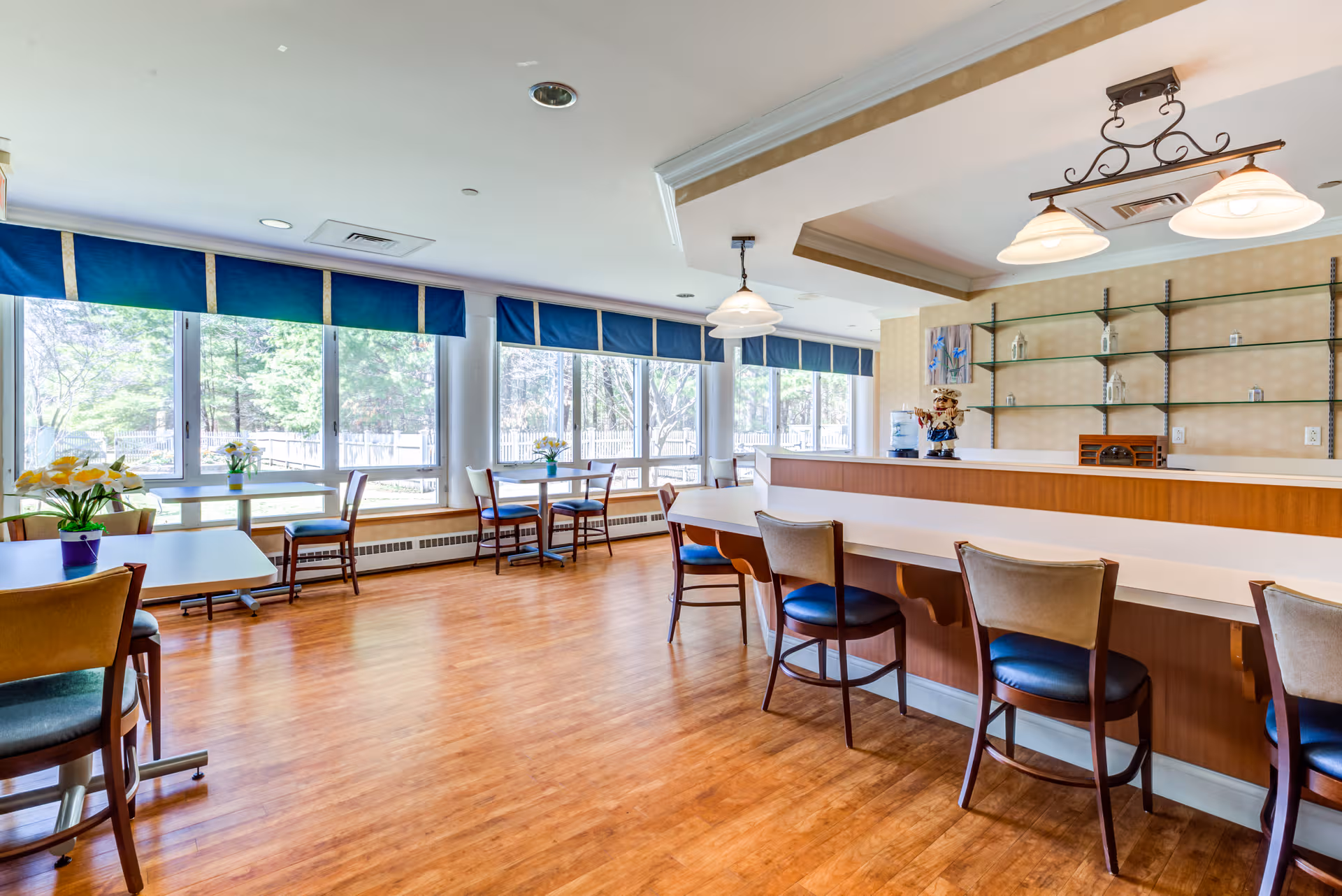 Bright senior living dining area with windows, tables, chairs, and a long counter.