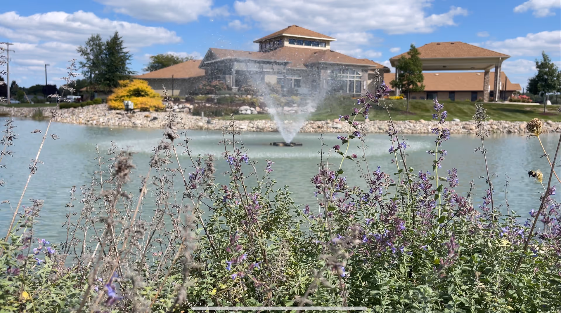 View of a pond with a water fountain in the center, surrounded by flowering plants in the foreground. In the background, there is a building with a brown roof and a covered entrance, under a partly cloudy blue sky.