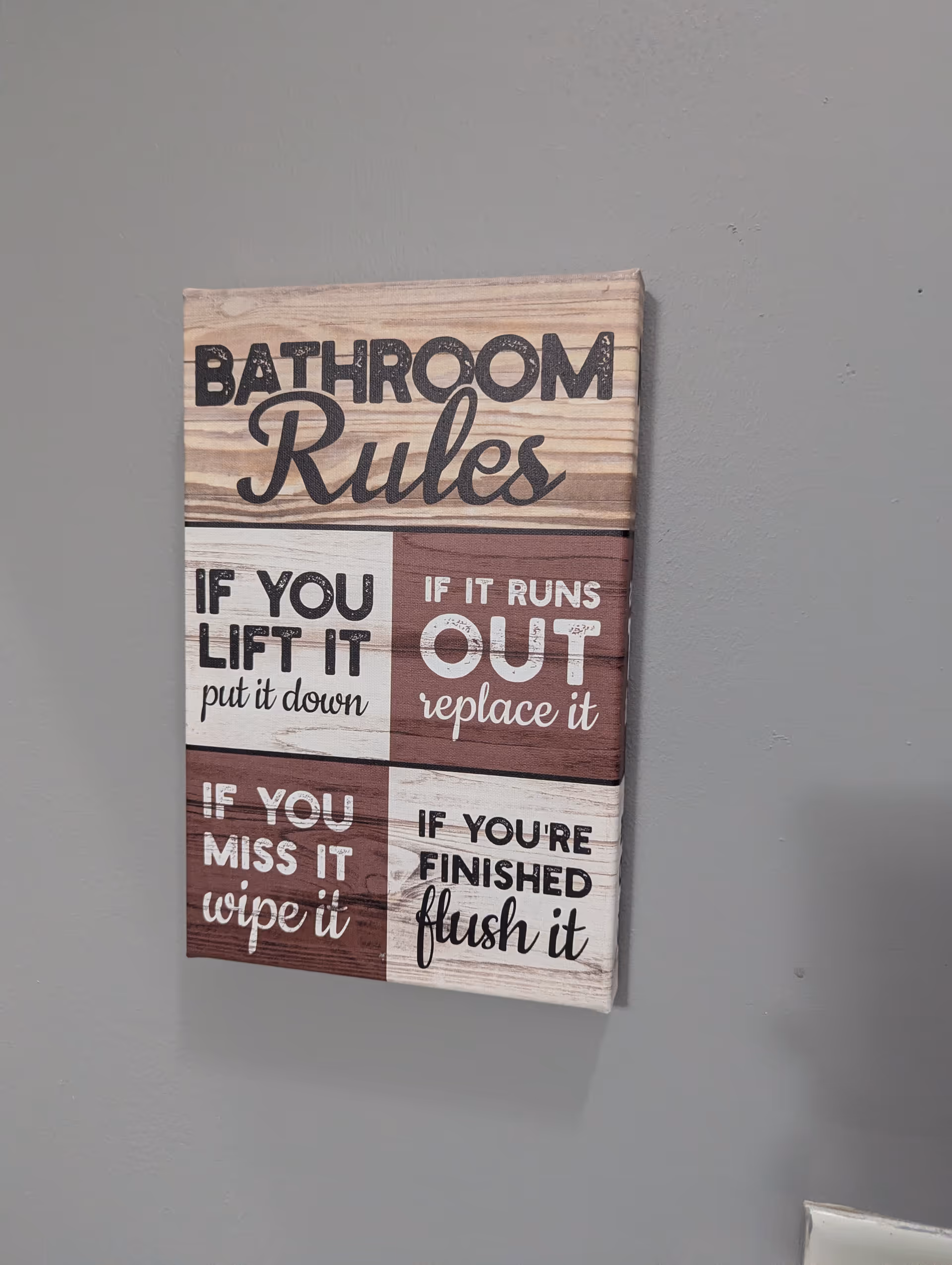 Decorative wooden 'Bathroom Rules' sign mounted on a gray interior wall.