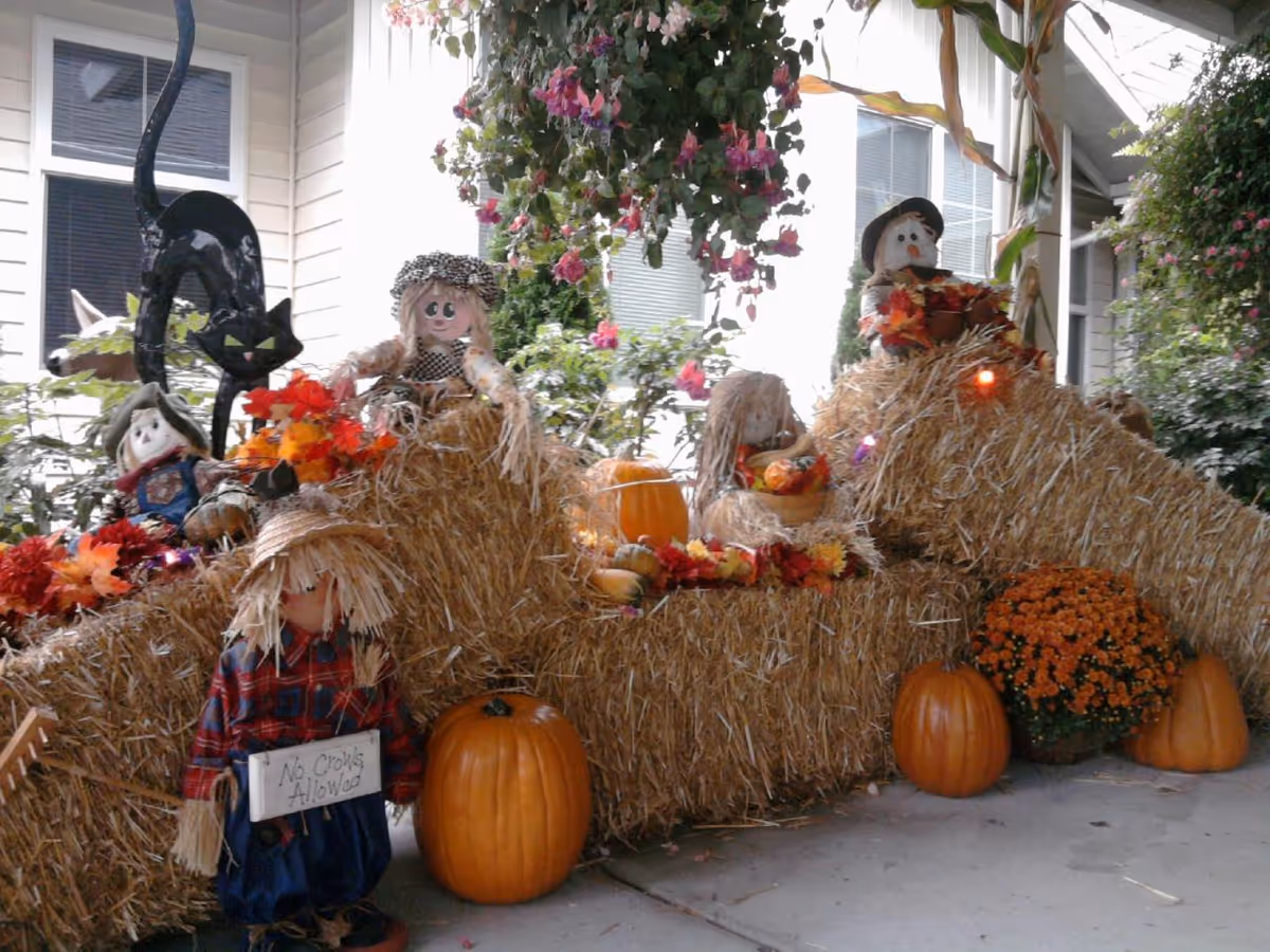 Front walkway displays hay bales, pumpkins, scarecrows, and fall decorations in front of Meadows Courtyard.