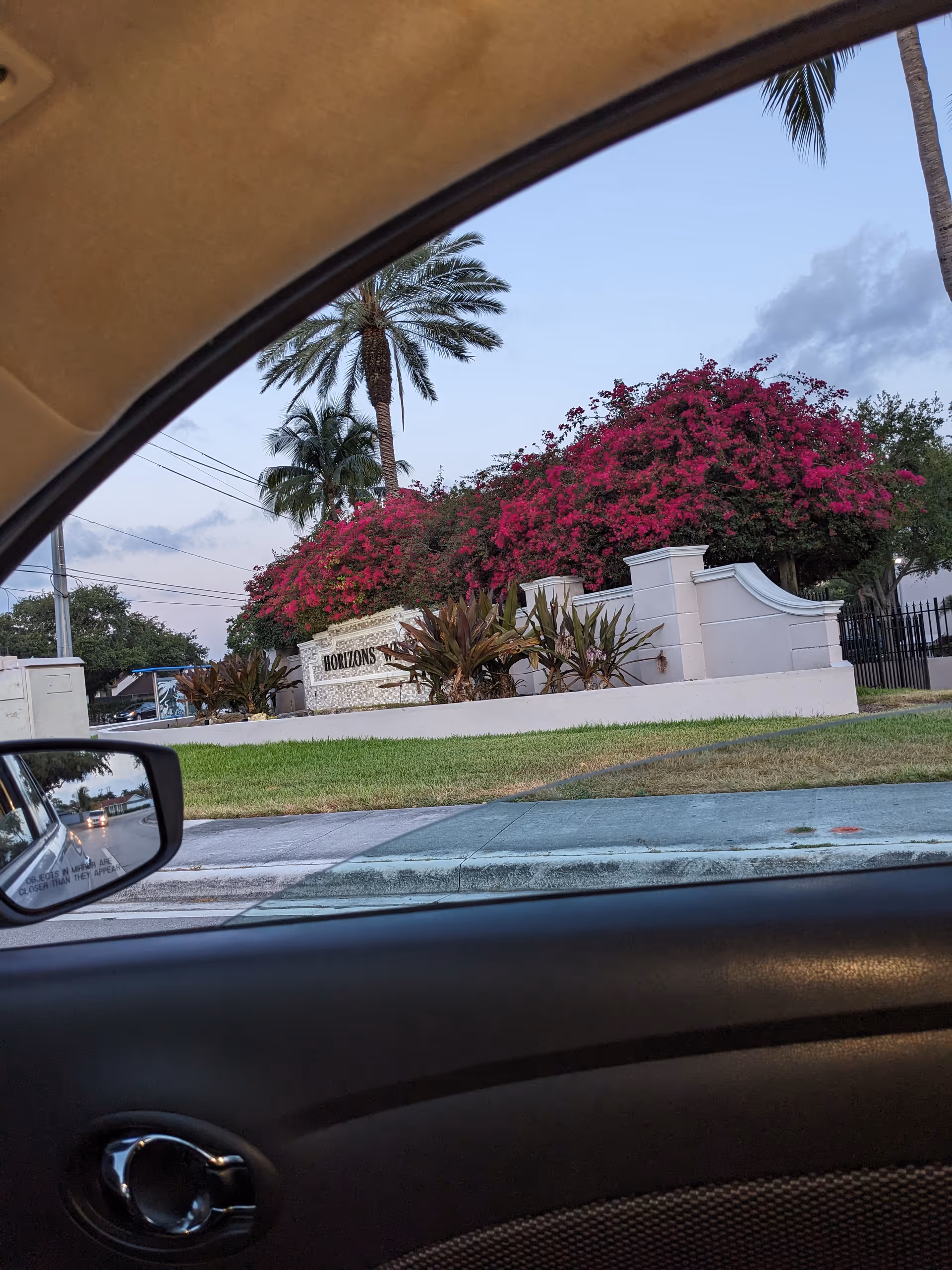 Exterior view of the facility entrance with a sign, palm trees, and flowering shrubs.