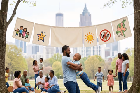 A diverse group enjoys an outdoor park gathering under a decorative banner.
