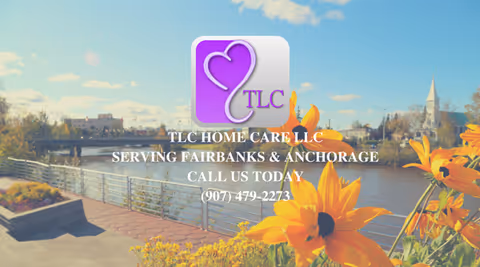 Outdoor waterfront walkway with railing, sunflowers, and TLC logo overlay.